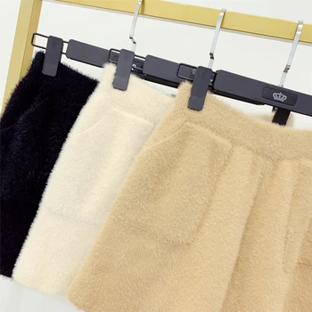Iarna Și Toamna Termică Nurca Blană Tricotate Pantaloni Scurți Femei 2020 Nou Stil De Talie Mare Culoare Solidă Pantaloni Scurti Cu Buzunare
