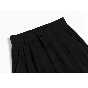 XS-3XL Costume Pantaloni Femei Negre de Vară Talie Mare Largi Picior Pantaloni Largi Lungime Completă Jumătate Elastic Talie Direct Pantaloni Plus Dimensiune